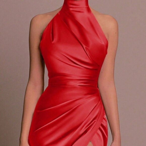 Red Sexy Women's Sleeveless V-Neck Bodycon Dress With High Slit - Picture 3 of 3